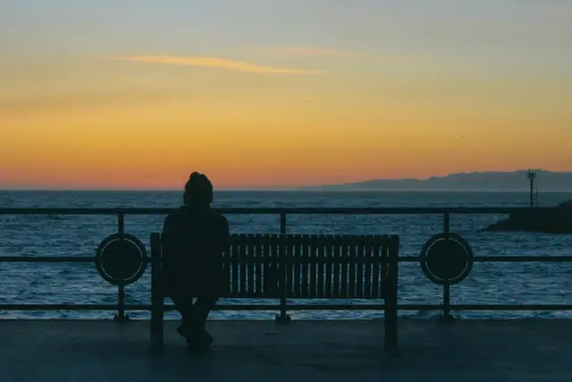 A person sitting on a bench by the sea at sunset